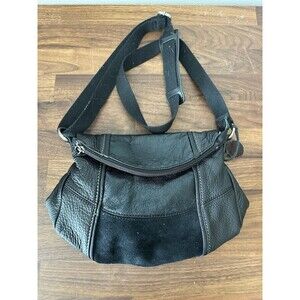 The Sak Black Flap Fold-Over Leather Crossbody Shoulder Bucket Purse Travel